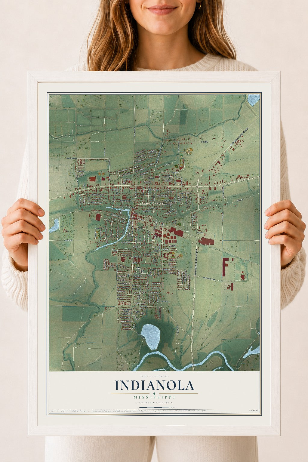 Map of Indianola, Mississippi, 18 x 24 inch print in a white wood frame