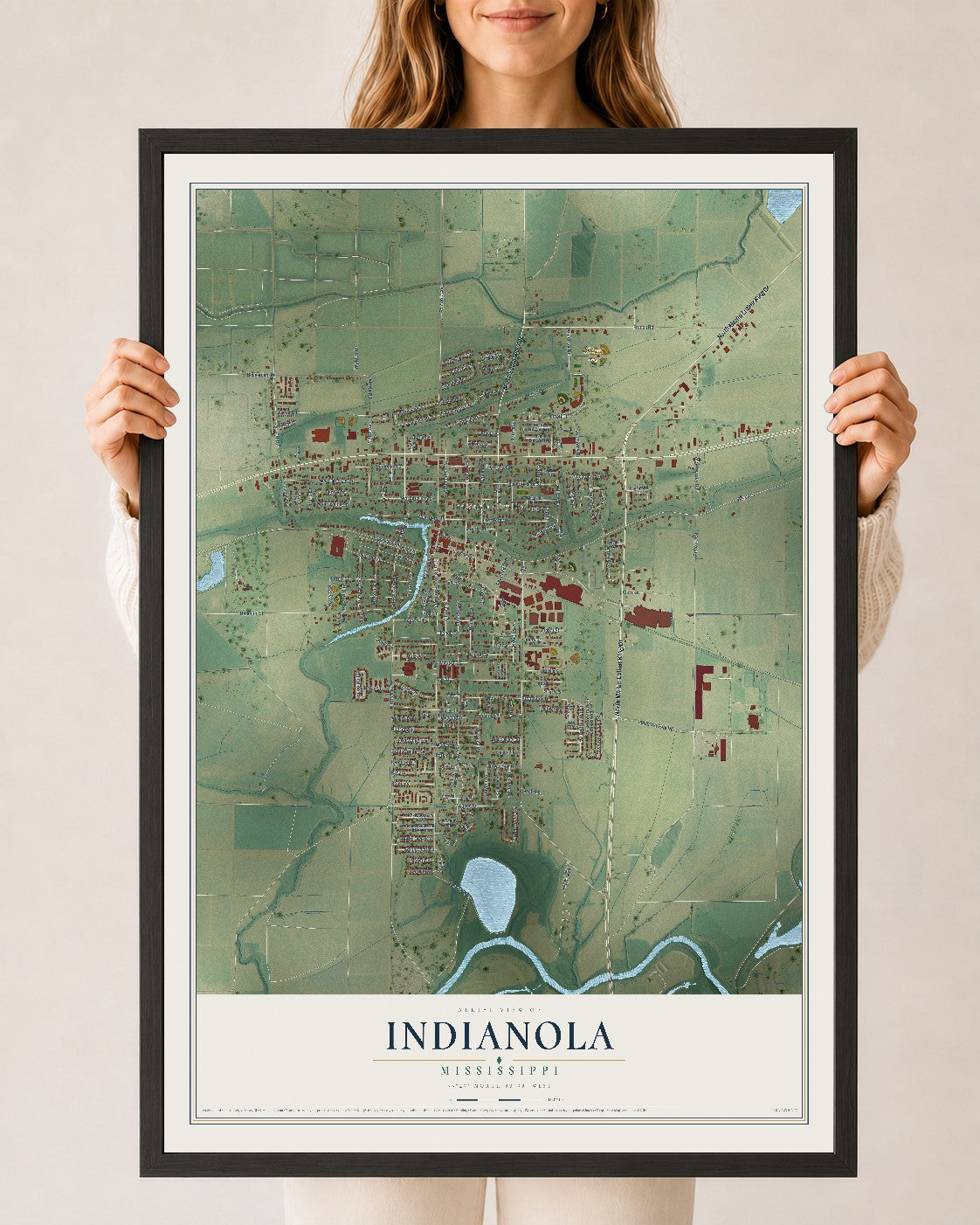 Map of Indianola, Mississippi, 24 x 36 inch print in a black wood frame