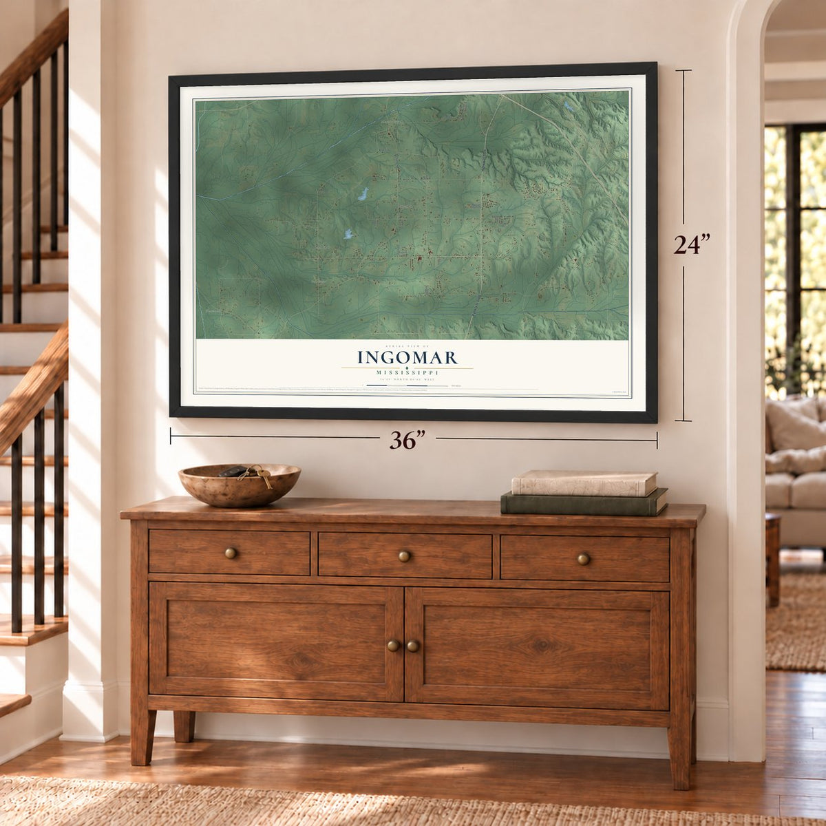 Ingomar, Mississippi map, 24 x 36 inch print in a black frame above a dresser by a staircase