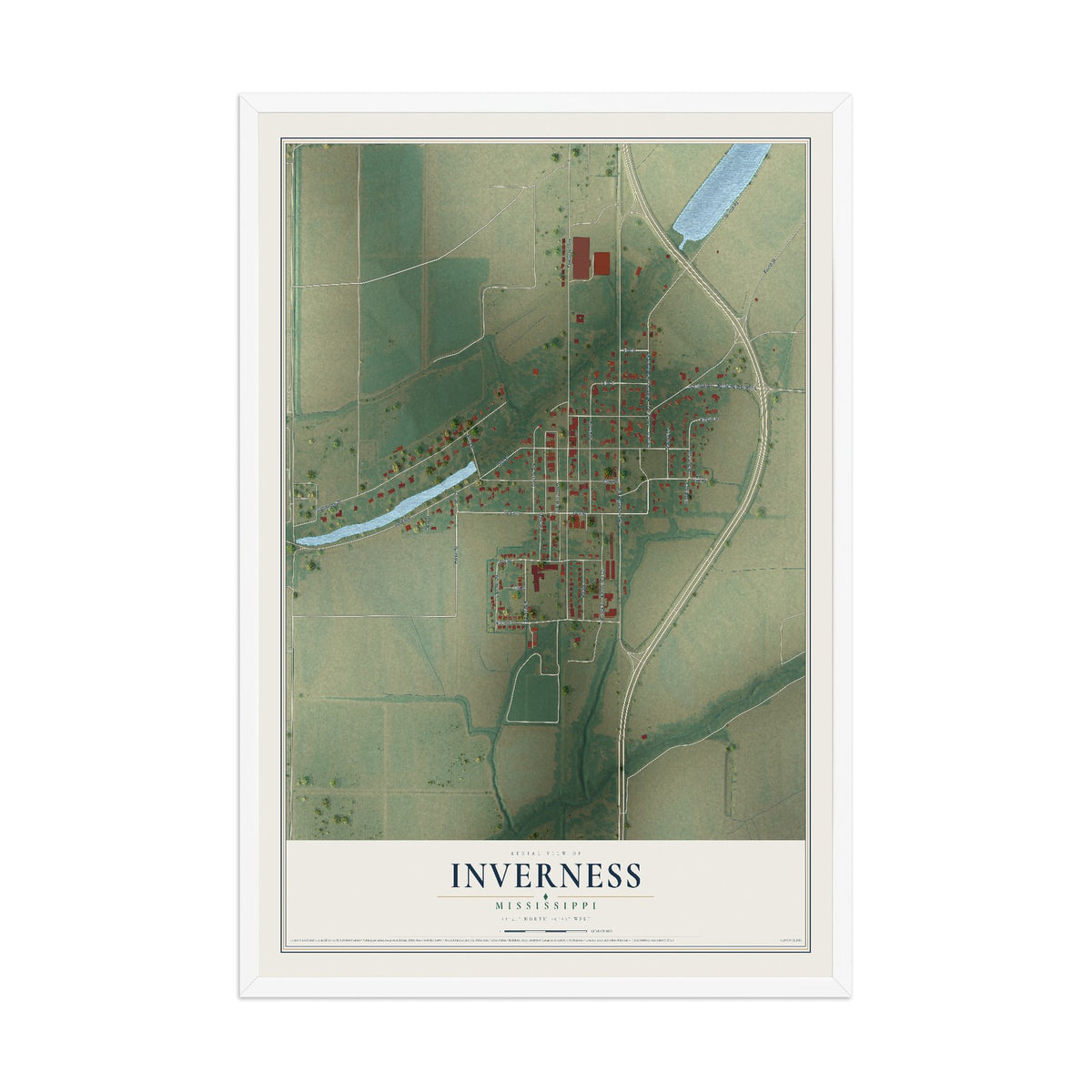 Map of Inverness, Mississippi, 12 x 18 inch print in a white wood frame