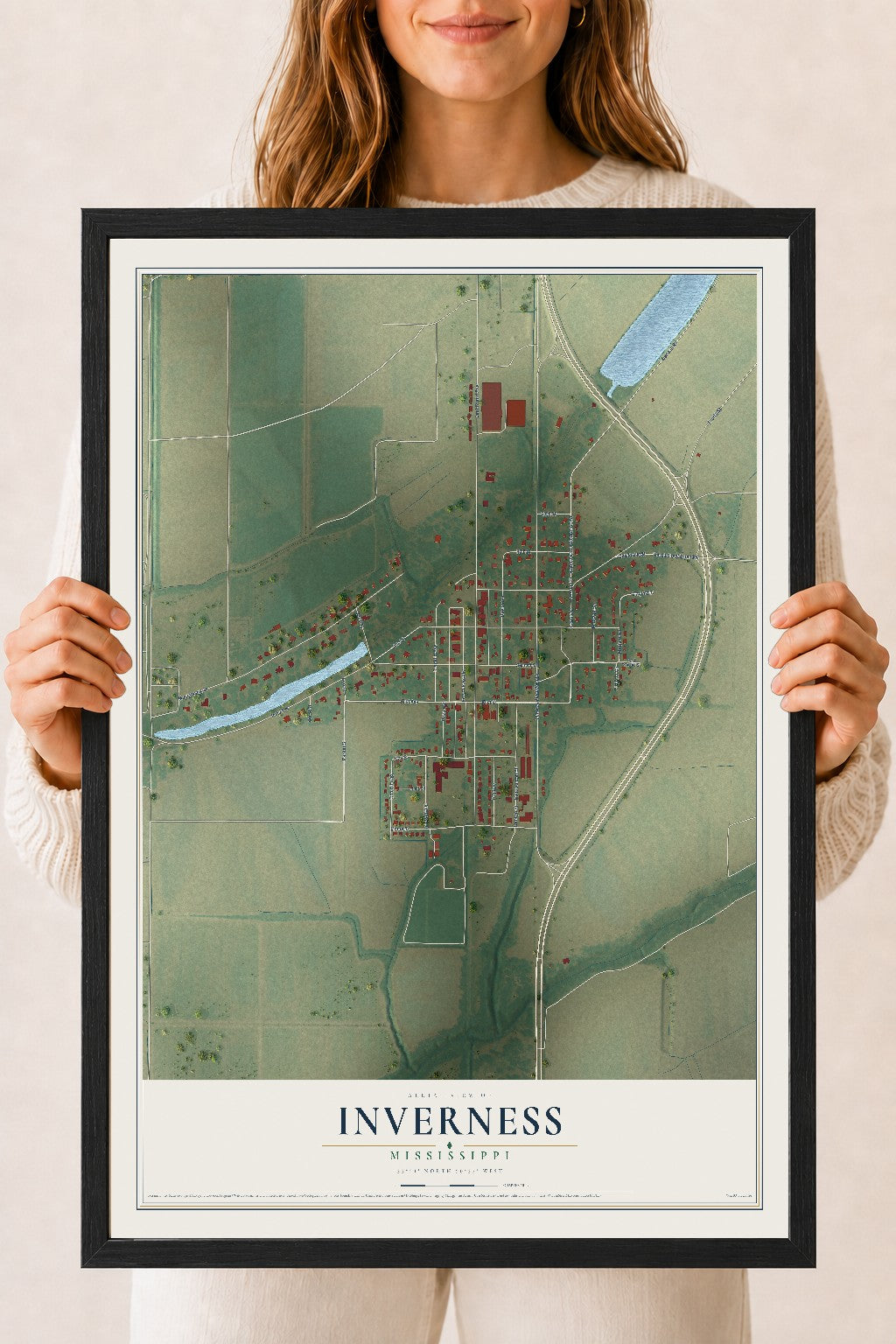 Map of Inverness, Mississippi, 18 x 24 inch print in a black wood frame