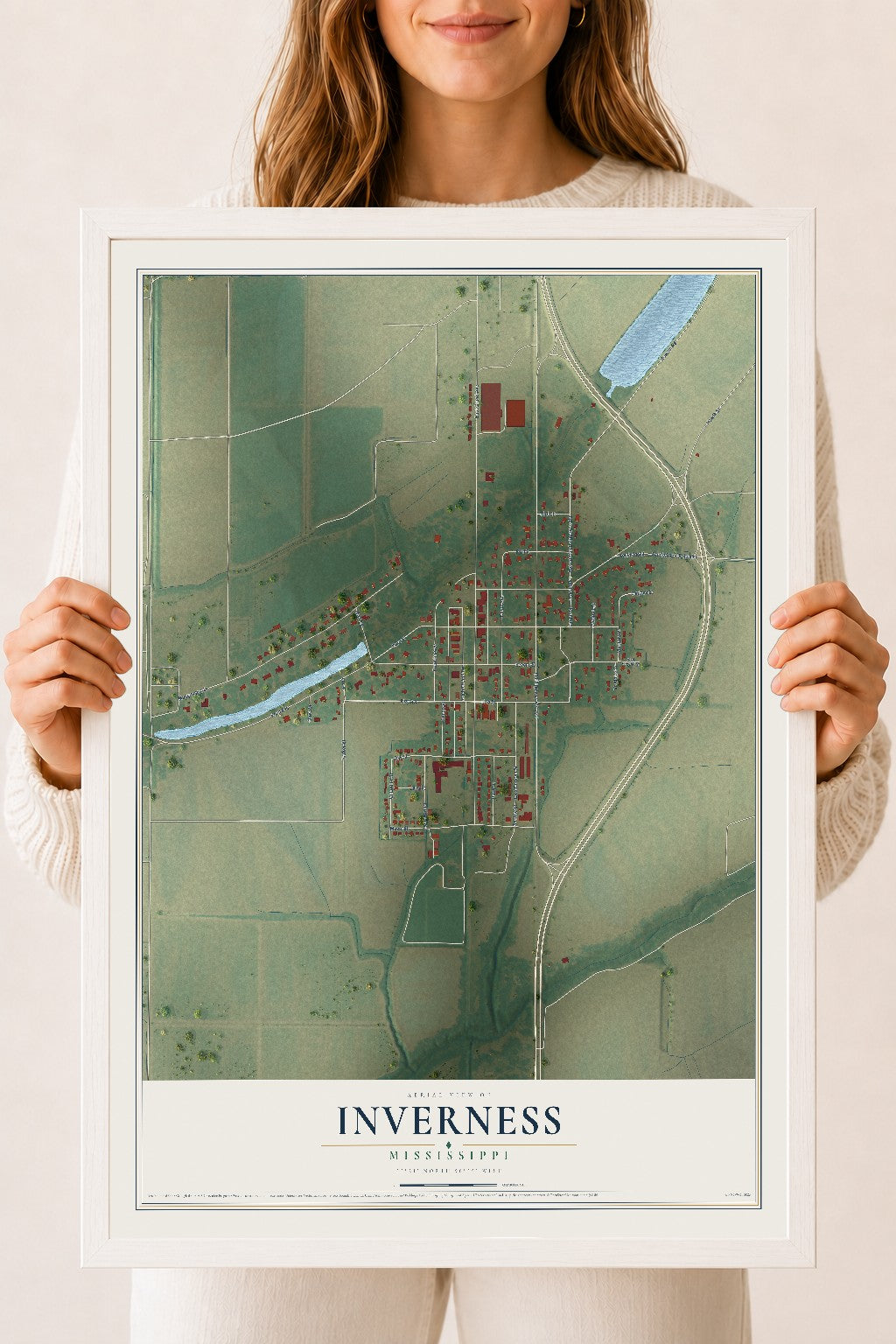 Map of Inverness, Mississippi, 18 x 24 inch print in a white wood frame