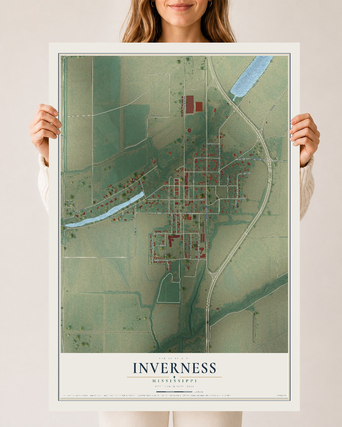 Map of Inverness, Mississippi, 24 x 36 inch unframed archival matte print