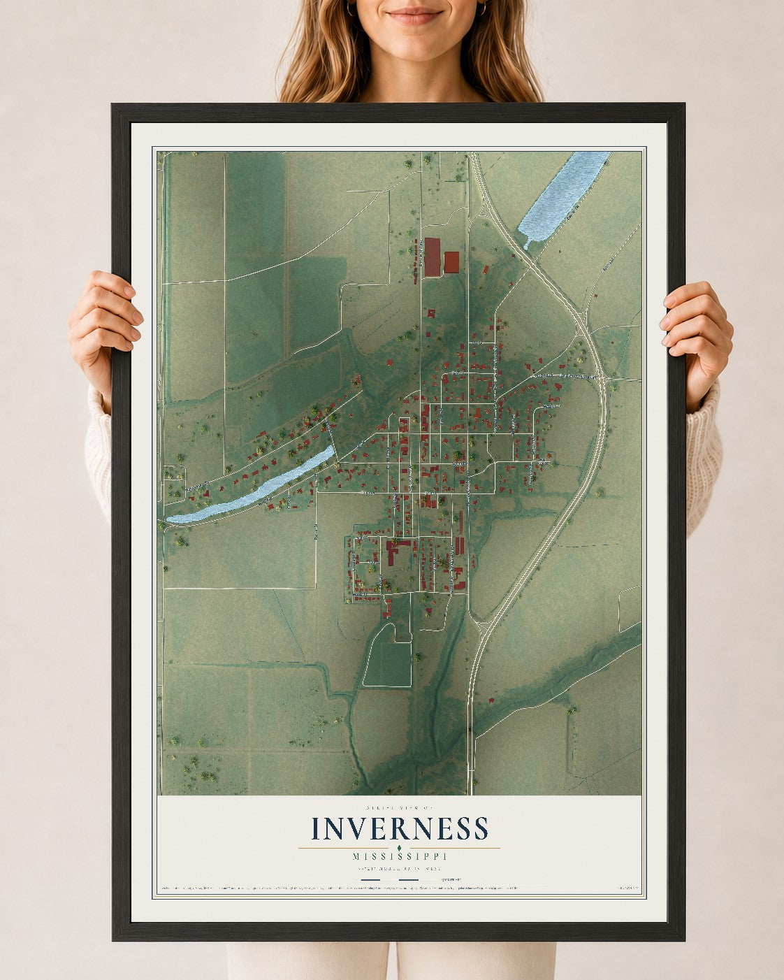 Map of Inverness, Mississippi, 24 x 36 inch print in a black wood frame