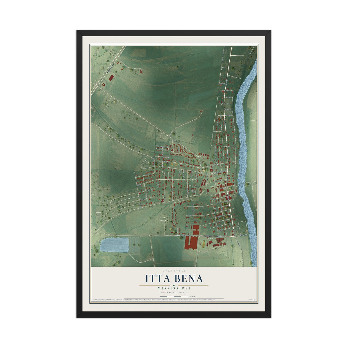 Map of Itta Bena, Mississippi, 12 x 18 inch print in a black wood frame