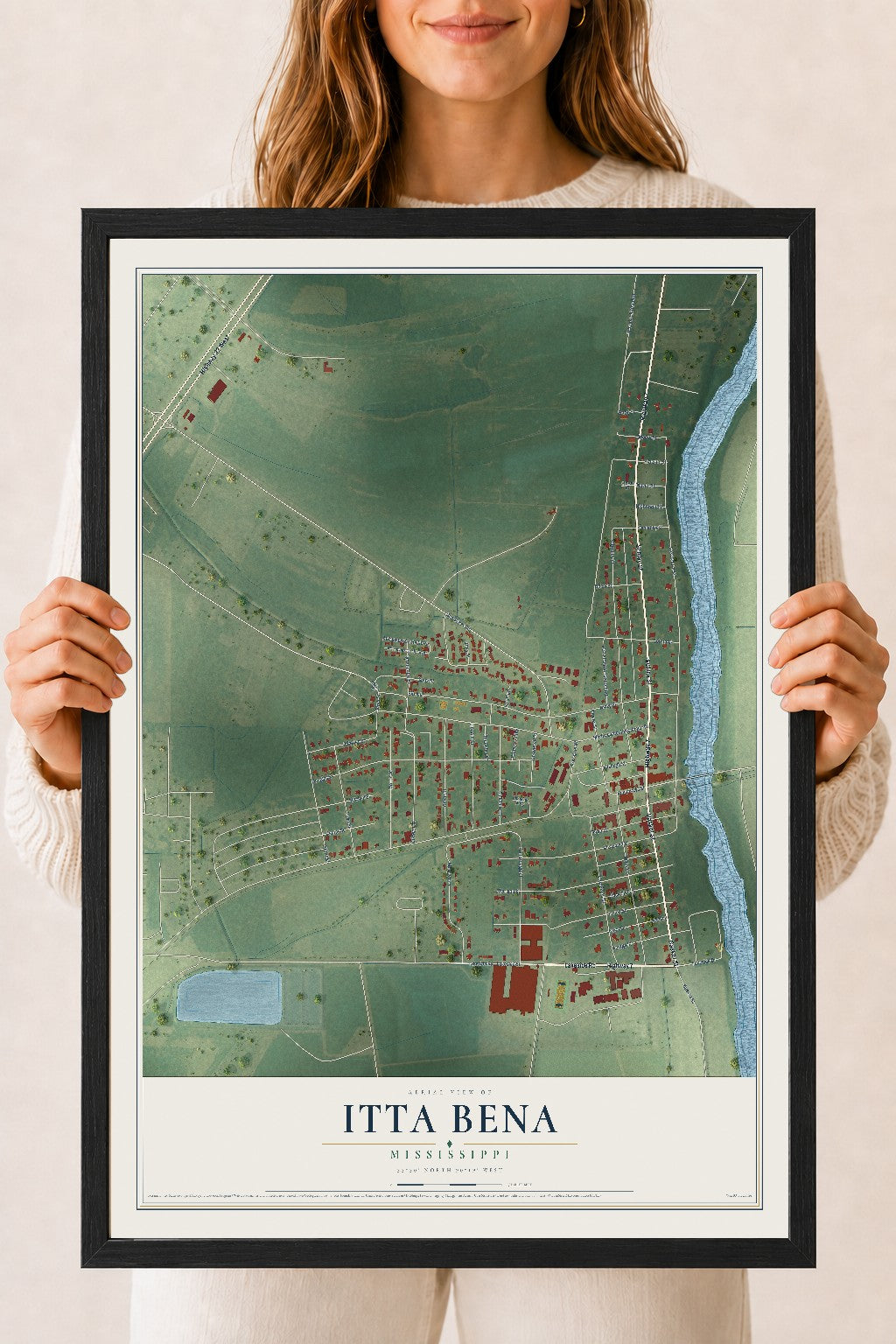 Map of Itta Bena, Mississippi, 18 x 24 inch print in a black wood frame