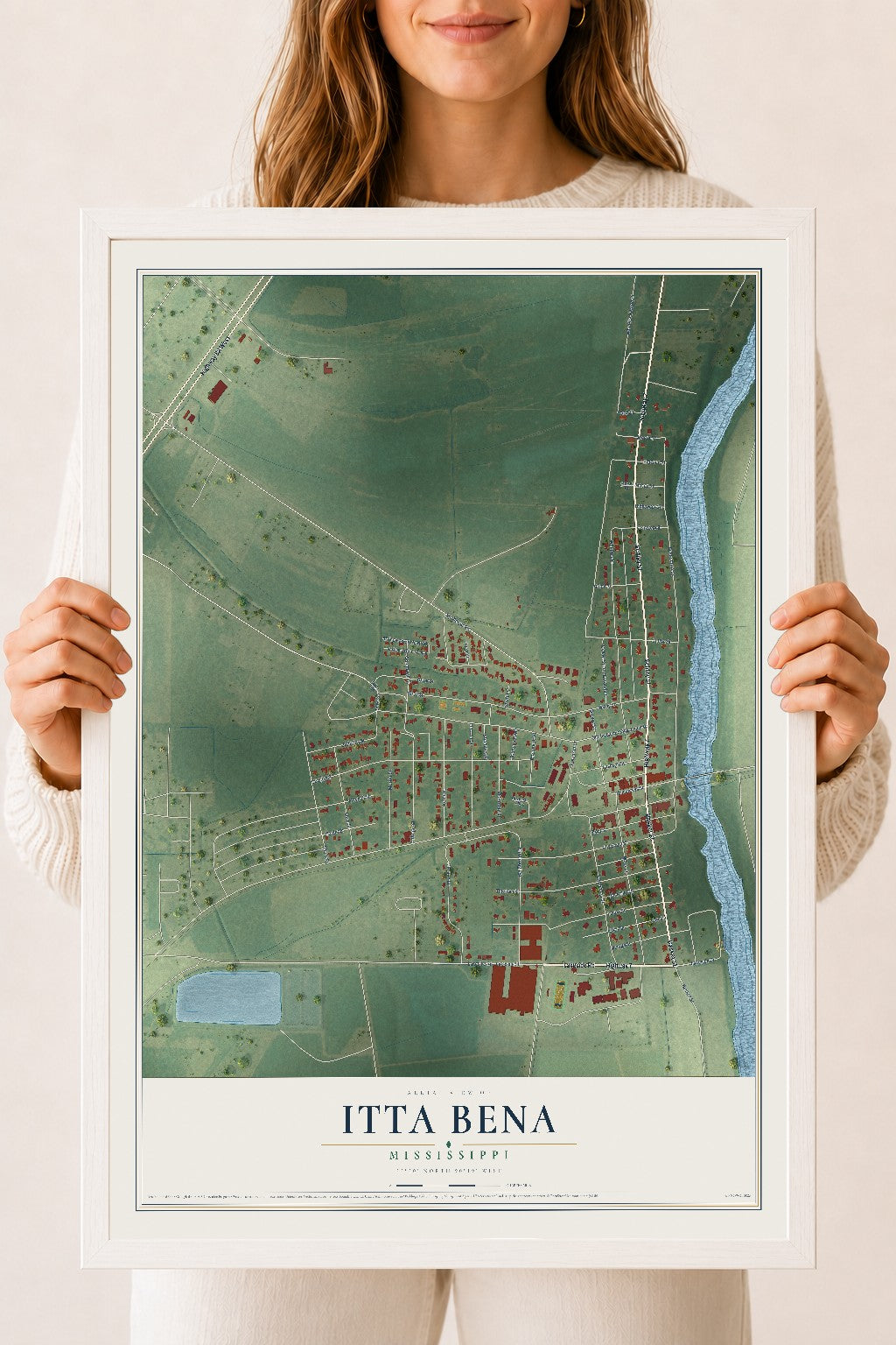 Map of Itta Bena, Mississippi, 18 x 24 inch print in a white wood frame