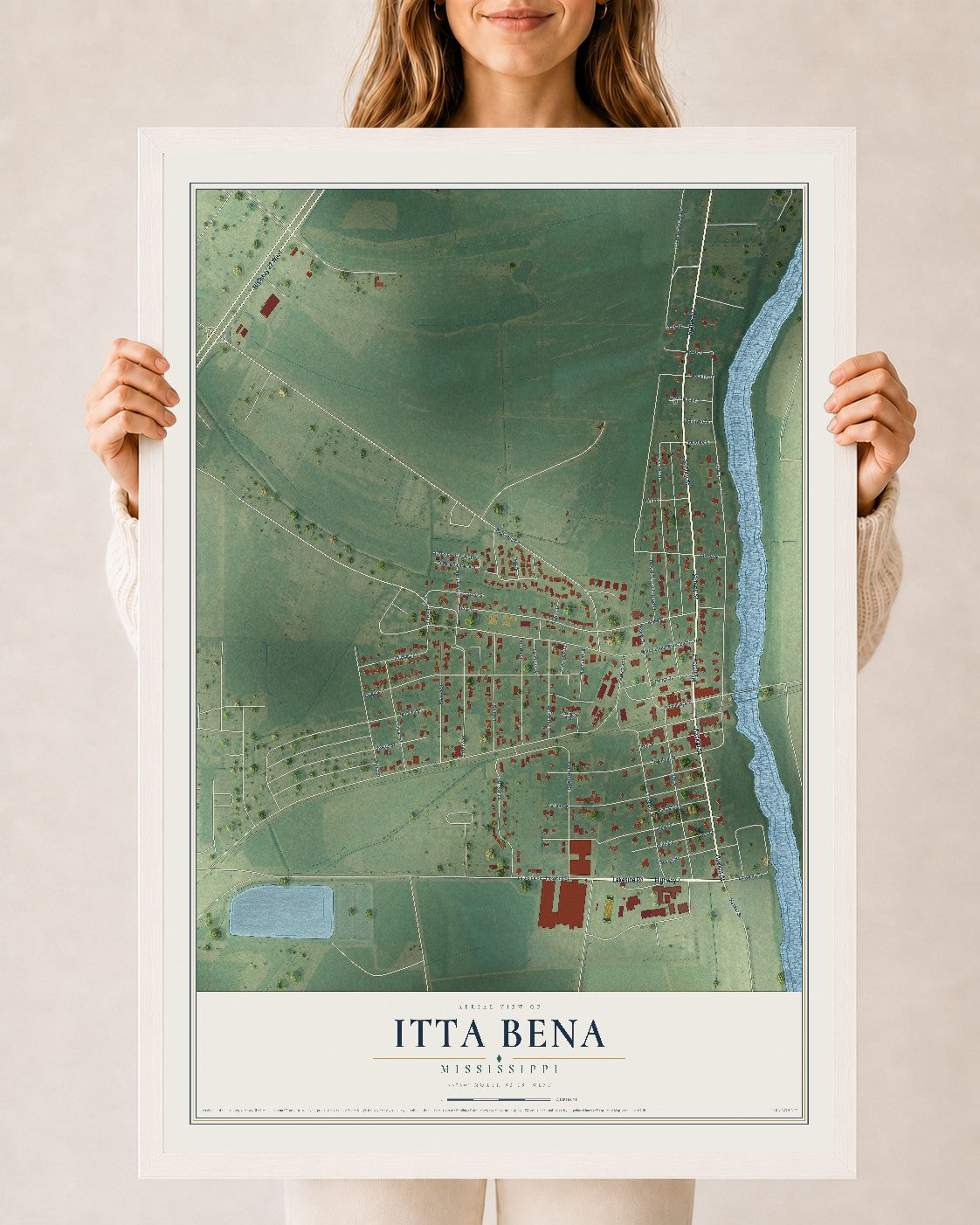 Map of Itta Bena, Mississippi, 24 x 36 inch print in a white wood frame