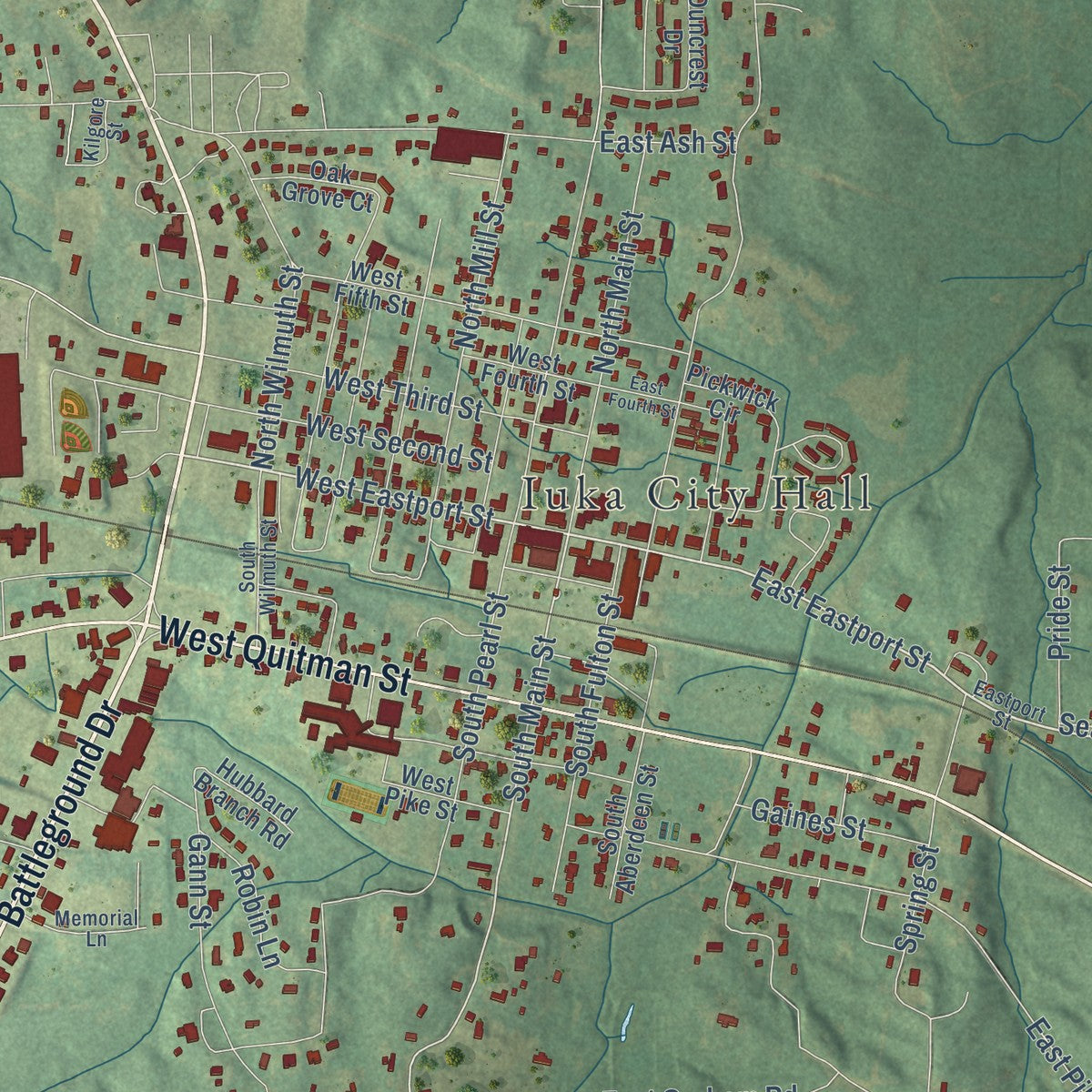 Close-up of the map of Iuka, Mississippi print showing street and building detail
