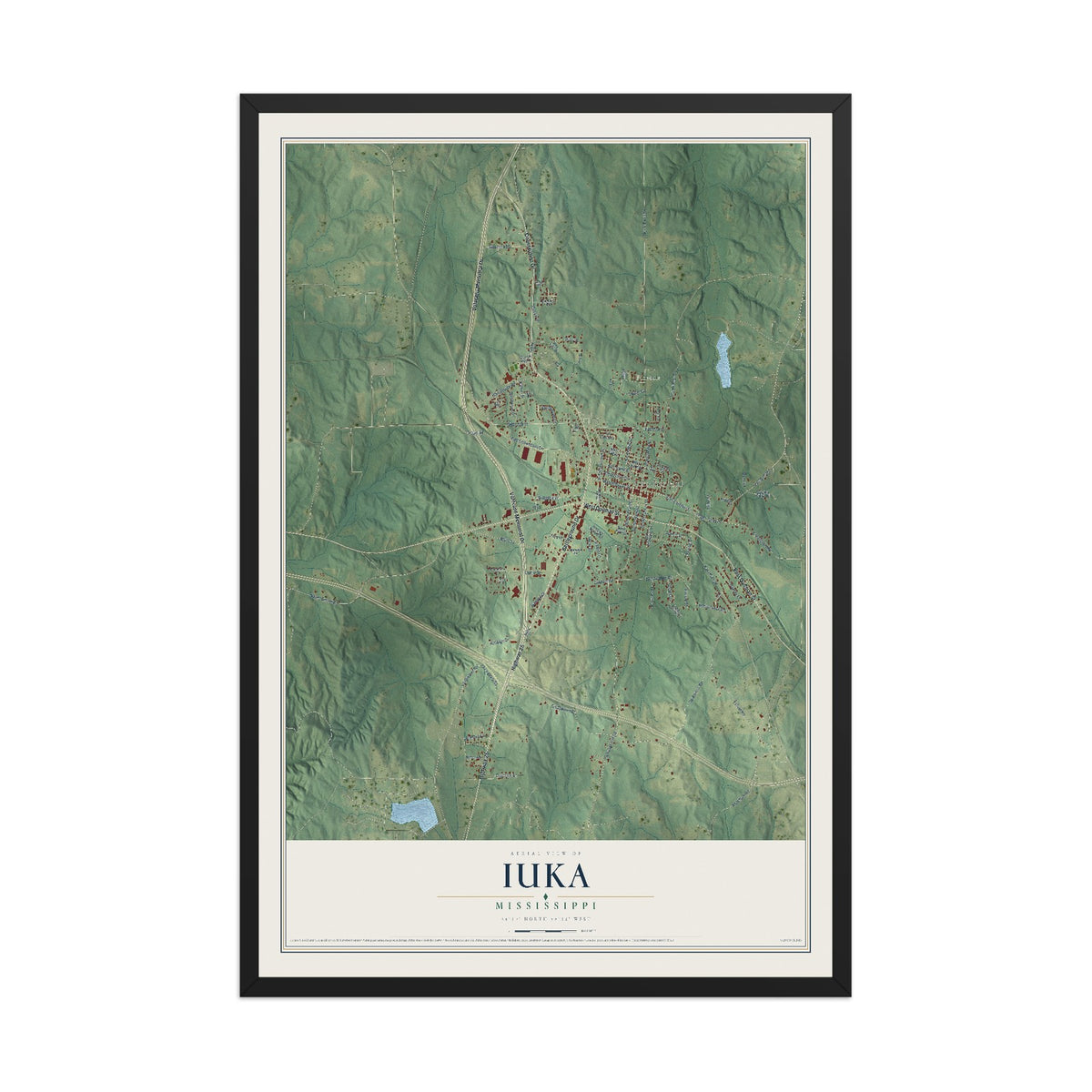 Map of Iuka, Mississippi, 12 x 18 inch print in a black wood frame