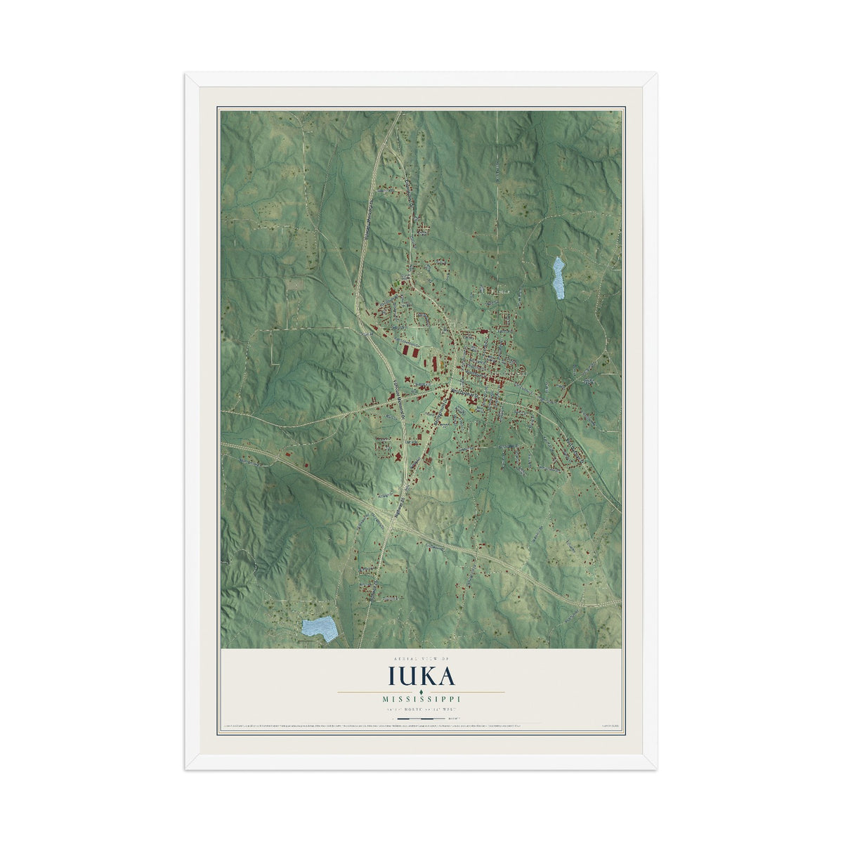 Map of Iuka, Mississippi, 12 x 18 inch print in a white wood frame