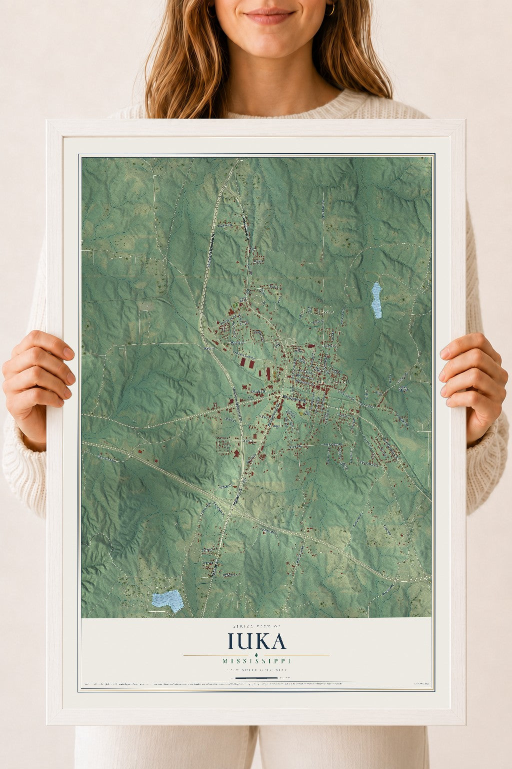 Map of Iuka, Mississippi, 18 x 24 inch print in a white wood frame