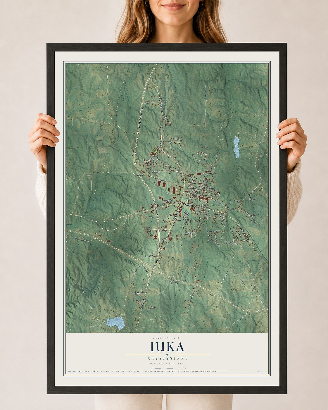 Map of Iuka, Mississippi, 24 x 36 inch print in a black wood frame