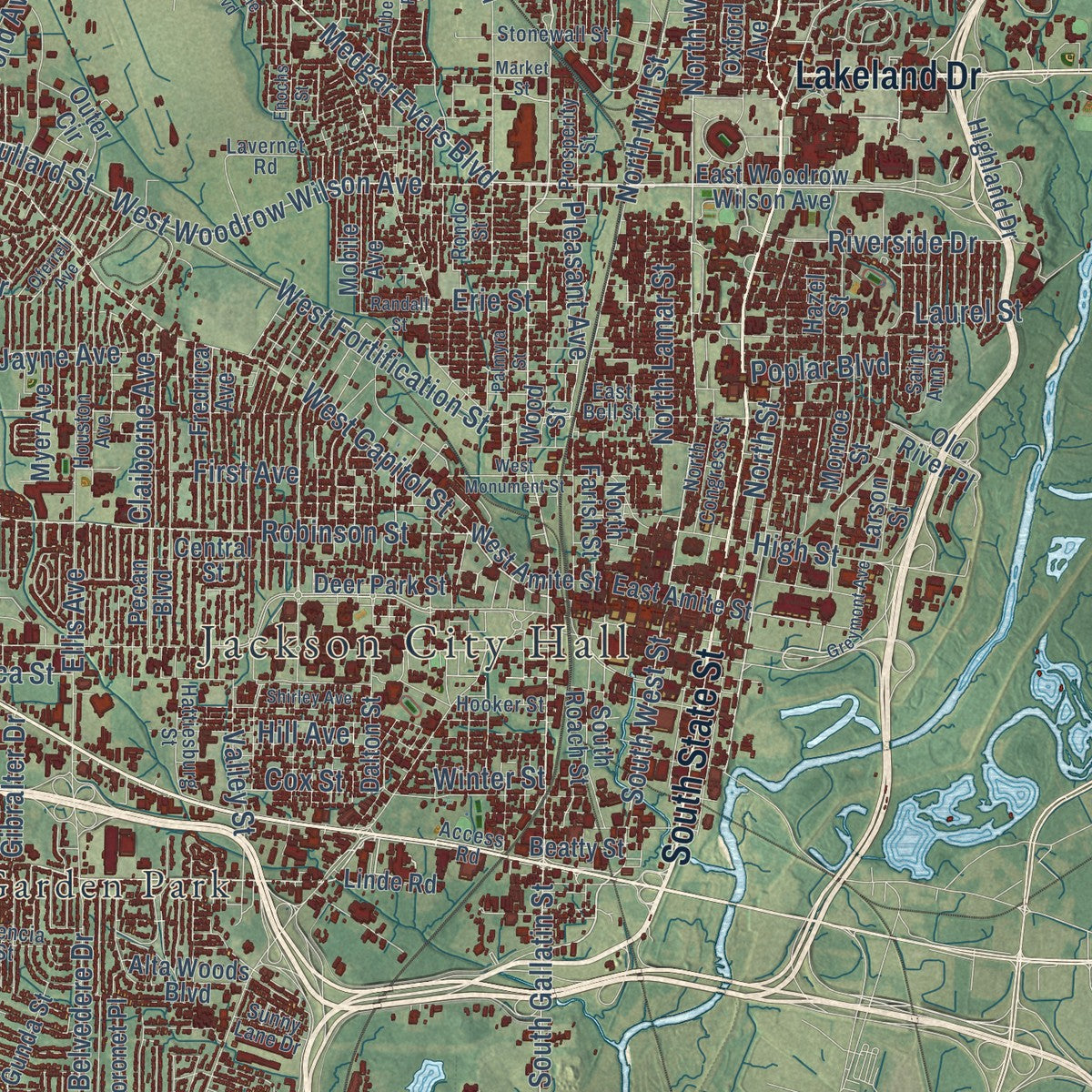 Close-up of the map of Jackson, Mississippi print showing street and building detail