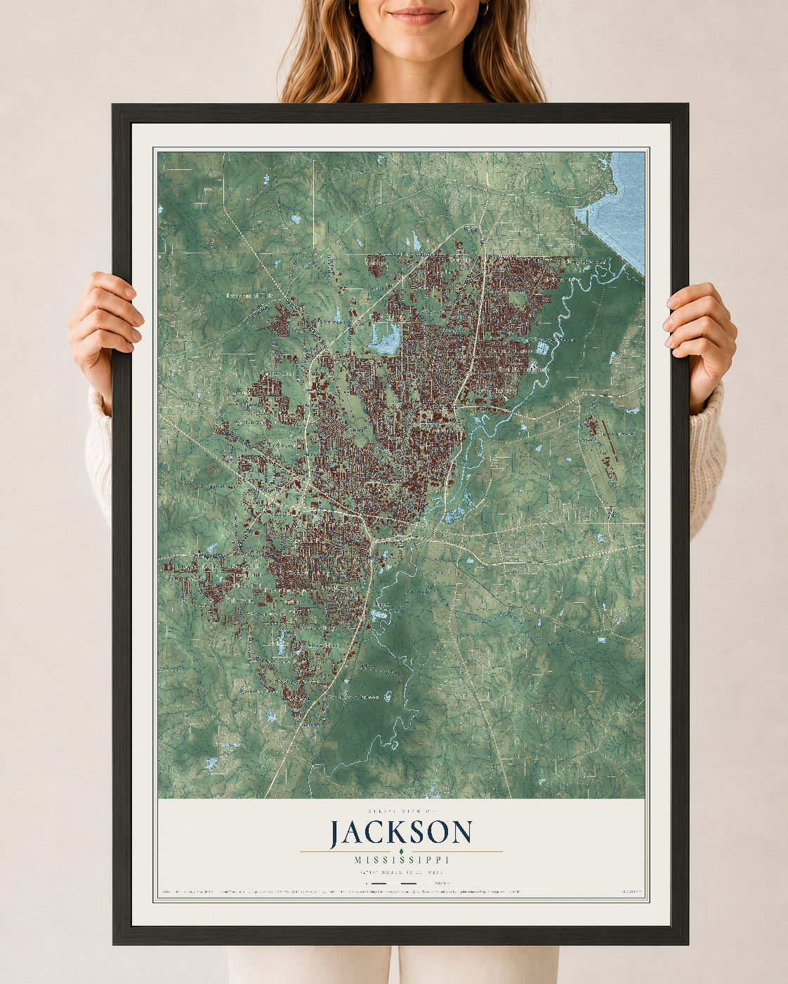 Map of Jackson, Mississippi, 24 x 36 inch print in a black wood frame