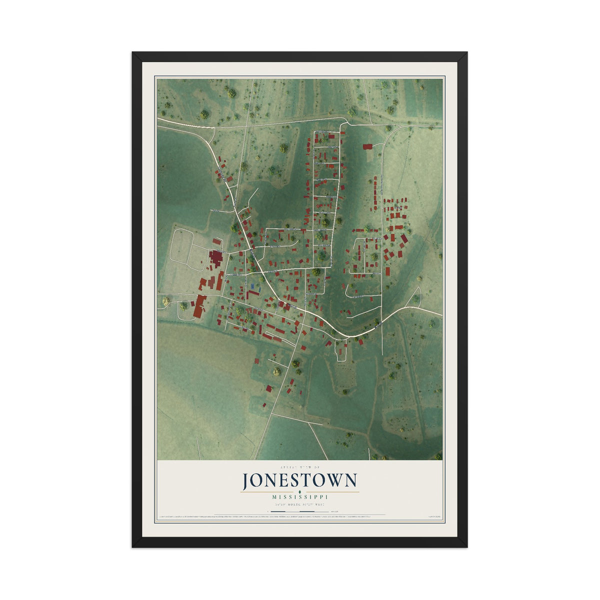 Map of Jonestown, Mississippi, 12 x 18 inch print in a black wood frame