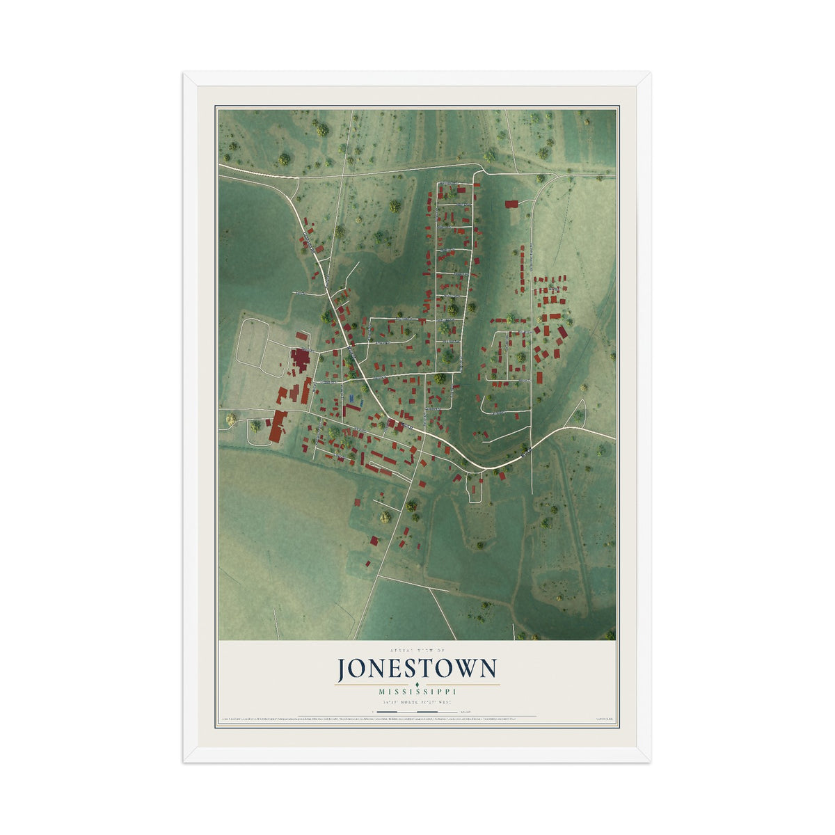 Map of Jonestown, Mississippi, 12 x 18 inch print in a white wood frame