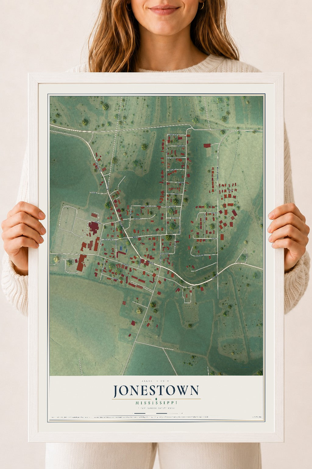 Map of Jonestown, Mississippi, 18 x 24 inch print in a white wood frame