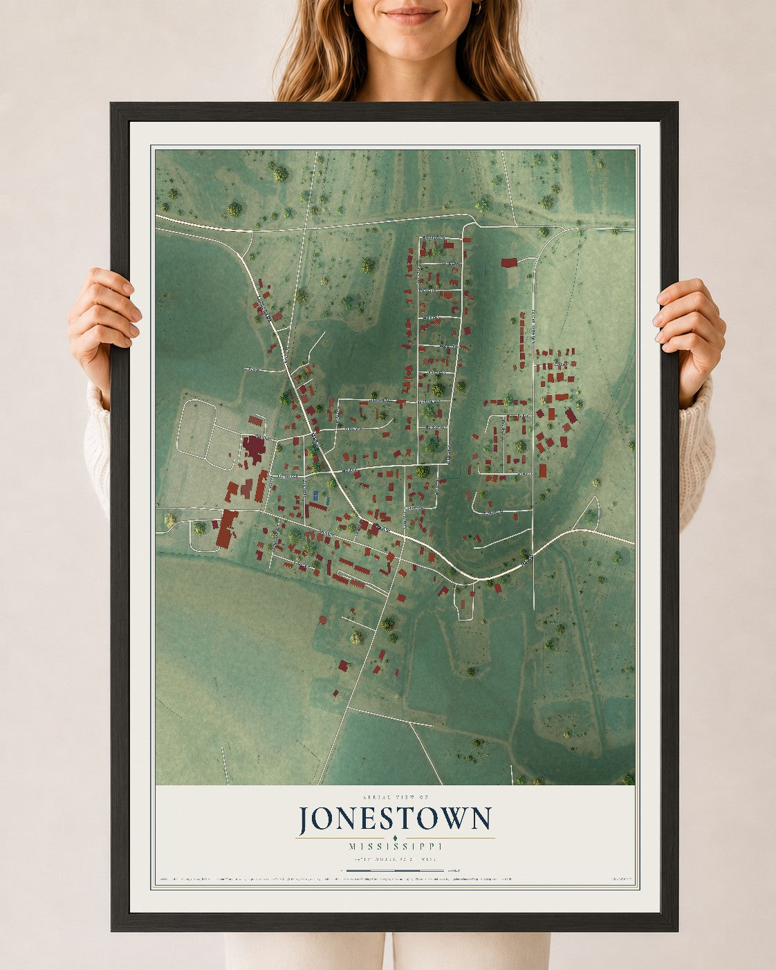 Map of Jonestown, Mississippi, 24 x 36 inch print in a black wood frame