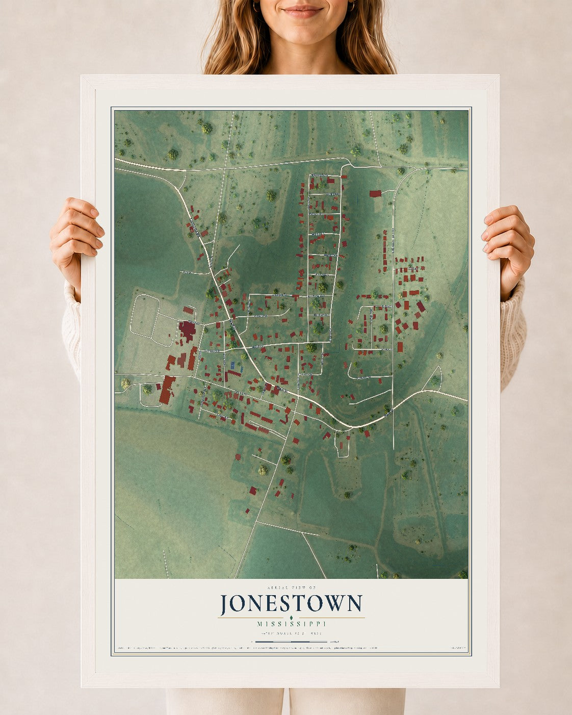 Map of Jonestown, Mississippi, 24 x 36 inch print in a white wood frame
