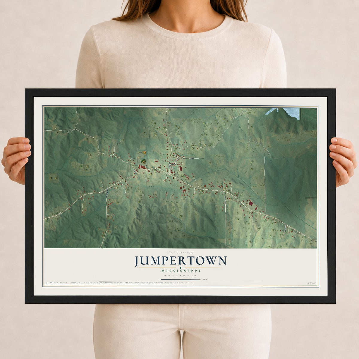 Map of Jumpertown, Mississippi, 12 x 18 inch print in a black wood frame