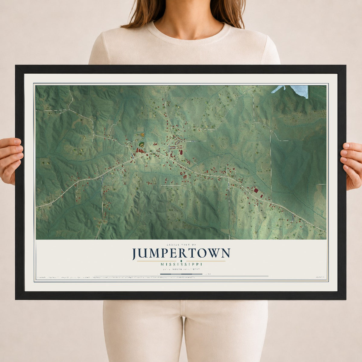Map of Jumpertown, Mississippi, 18 x 24 inch print in a black wood frame
