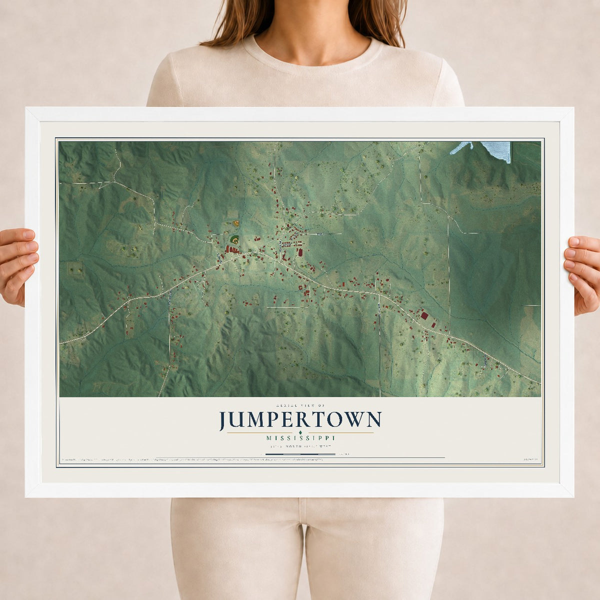 Map of Jumpertown, Mississippi, 18 x 24 inch print in a white wood frame