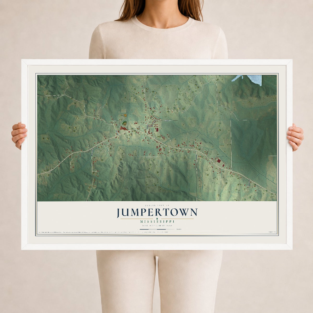 Map of Jumpertown, Mississippi, 24 x 36 inch print in a white wood frame