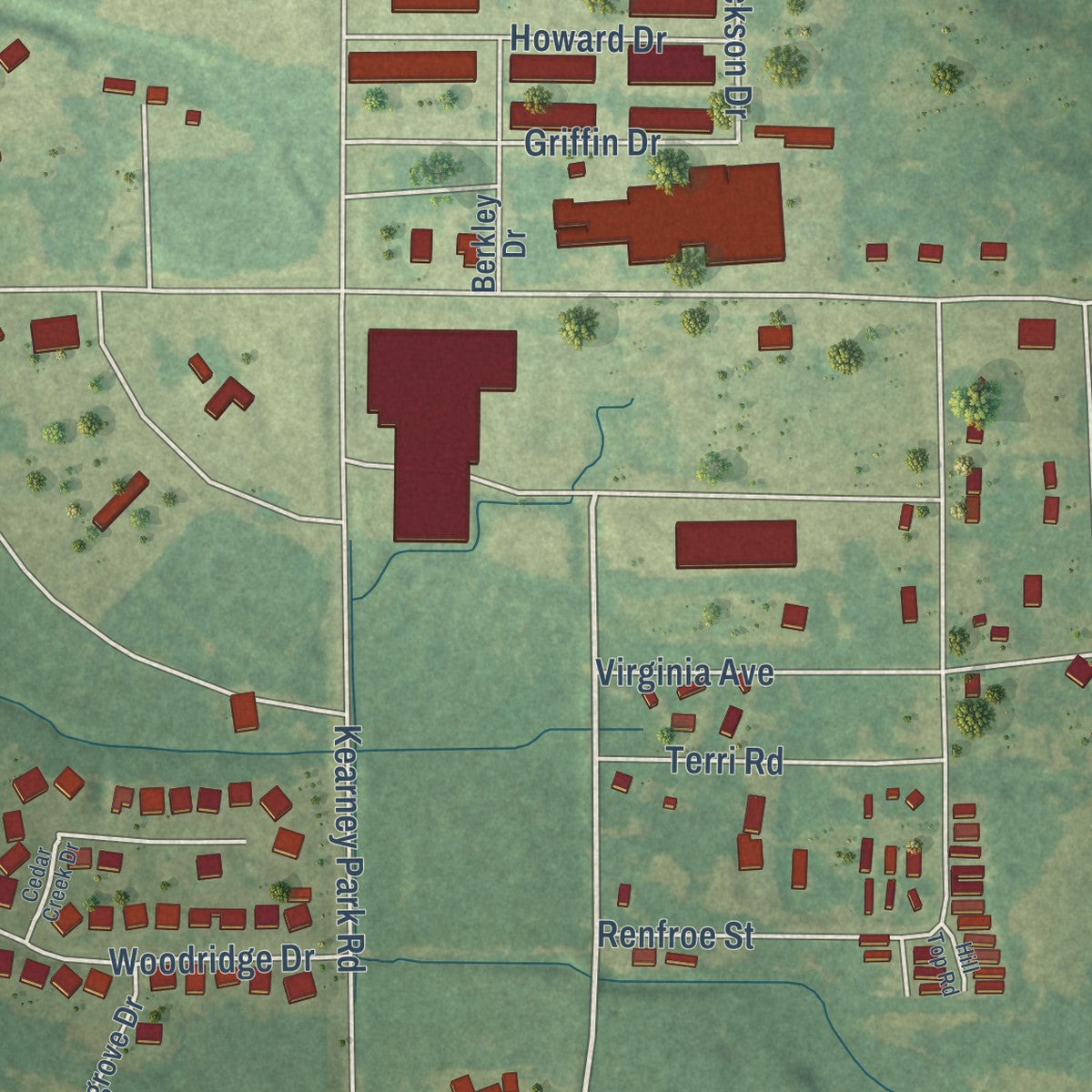 Close-up of the map of Kearney Park, Mississippi print showing street and building detail
