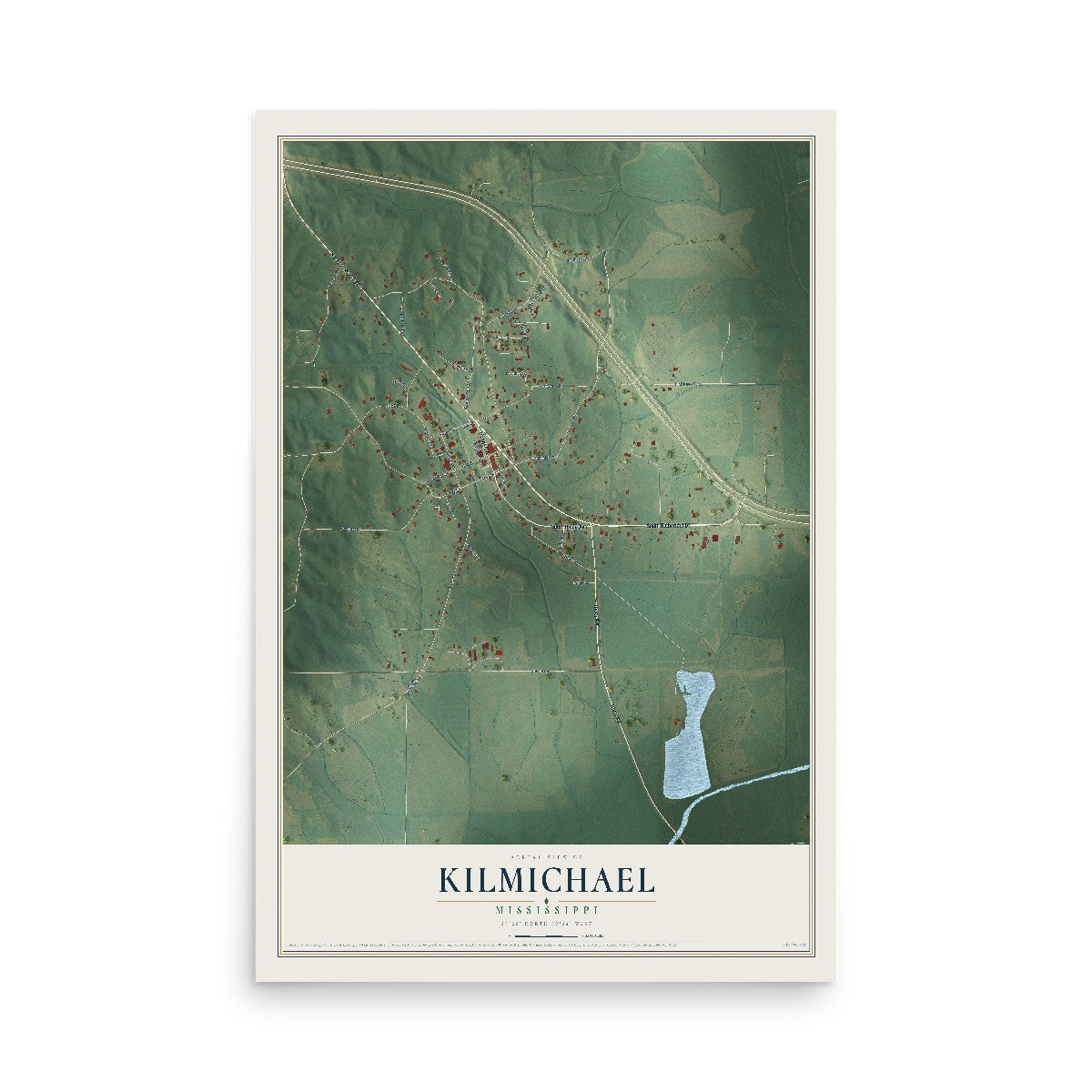 Map of Kilmichael, Mississippi, 12 x 18 inch unframed archival matte print