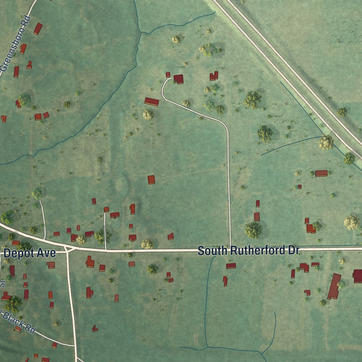 Second close-up of the map of Kilmichael, Mississippi print showing more streets and buildings