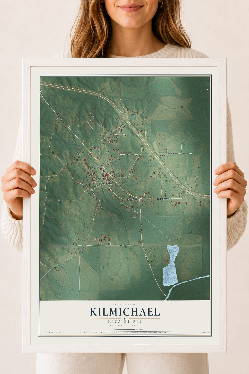 Map of Kilmichael, Mississippi, 18 x 24 inch print in a white wood frame