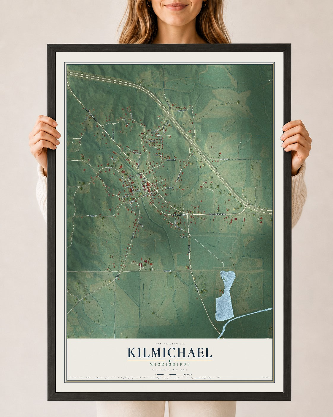 Map of Kilmichael, Mississippi, 24 x 36 inch print in a black wood frame