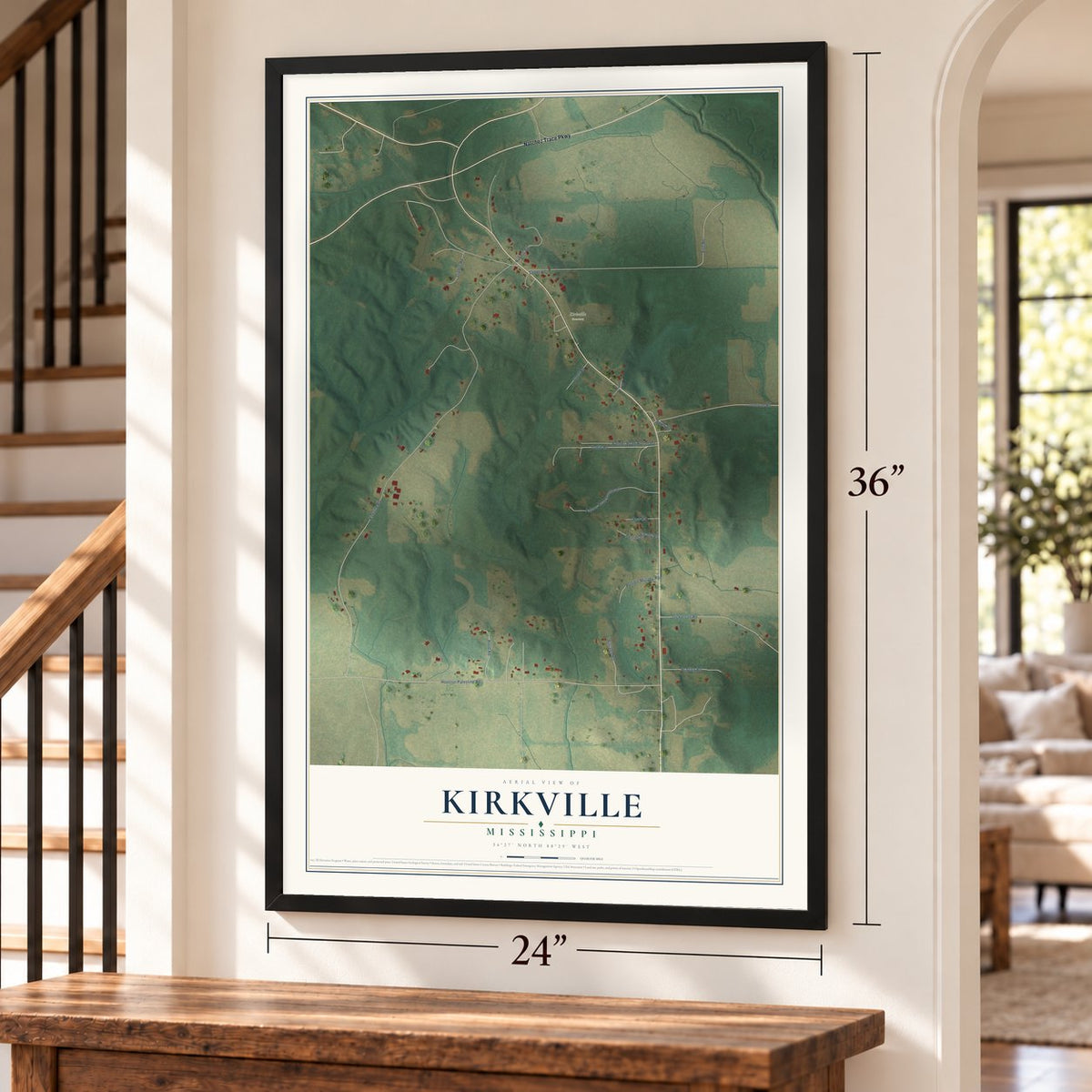Kirkville, Mississippi map, 24 x 36 inch print in a black frame by a staircase