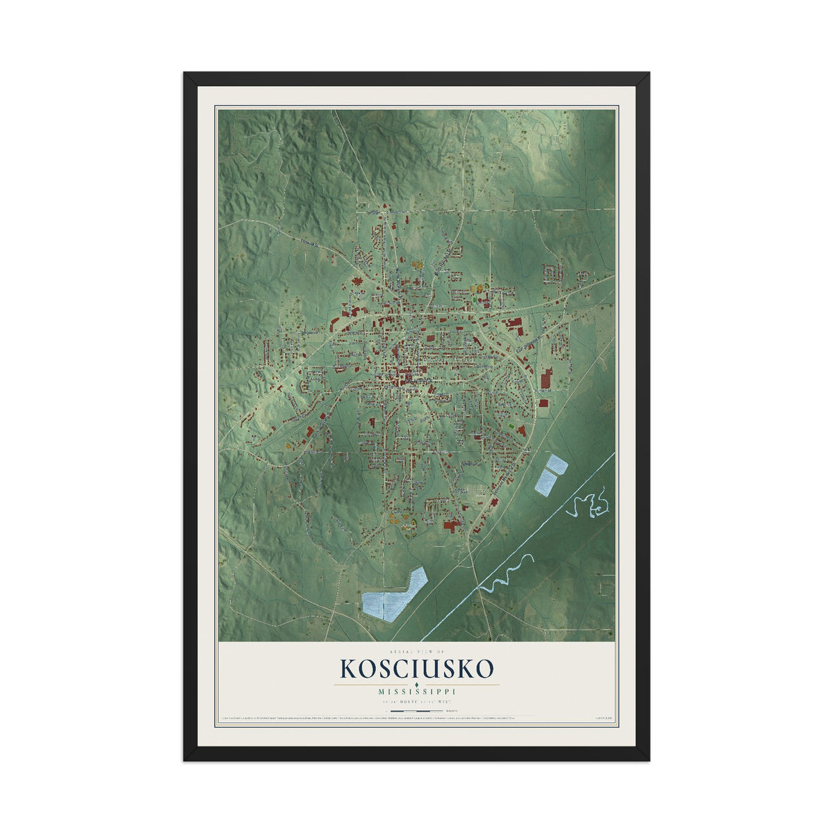 Map of Kosciusko, Mississippi, 12 x 18 inch print in a black wood frame