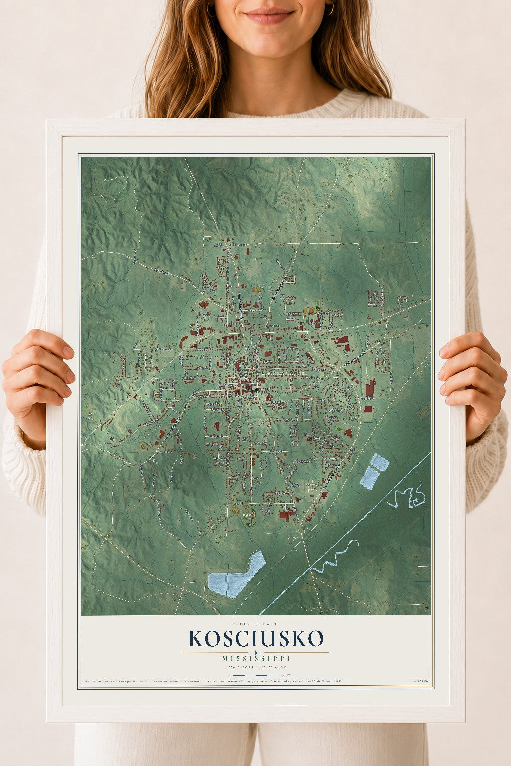 Map of Kosciusko, Mississippi, 18 x 24 inch print in a white wood frame