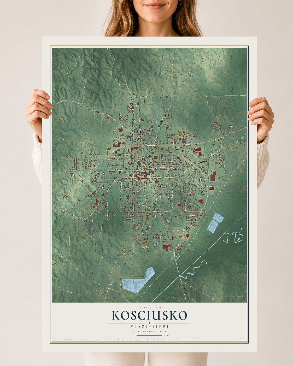 Map of Kosciusko, Mississippi, 24 x 36 inch unframed archival matte print