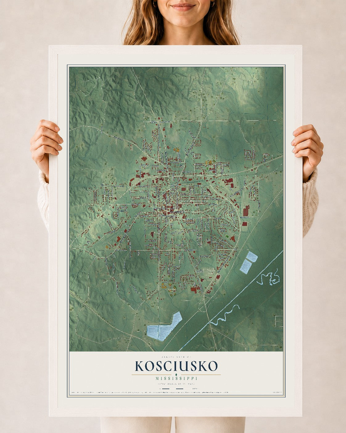 Map of Kosciusko, Mississippi, 24 x 36 inch print in a white wood frame
