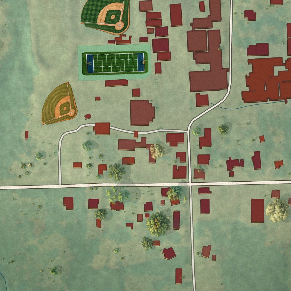 Close-up of the map of Kossuth, Mississippi print showing street and building detail