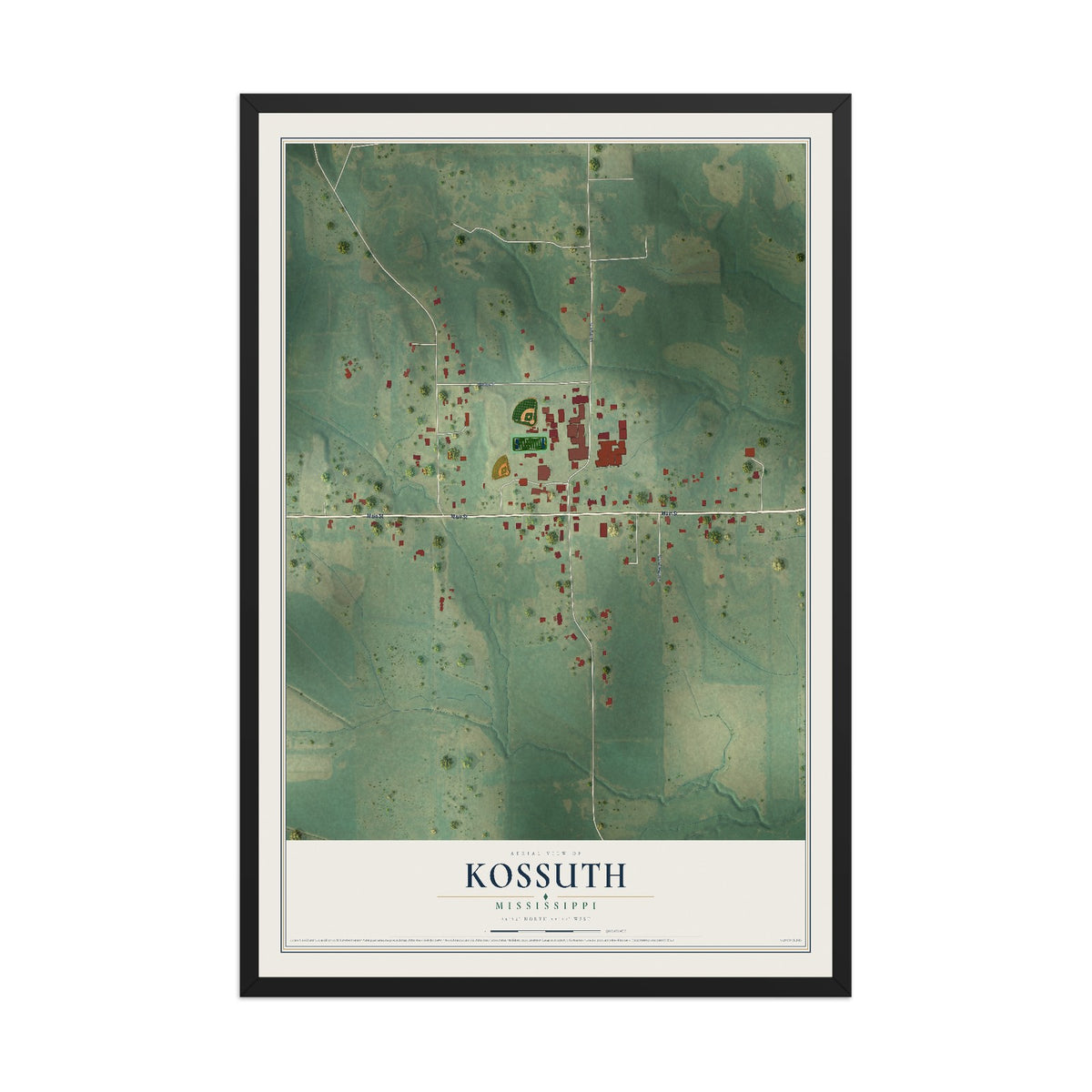 Map of Kossuth, Mississippi, 12 x 18 inch print in a black wood frame