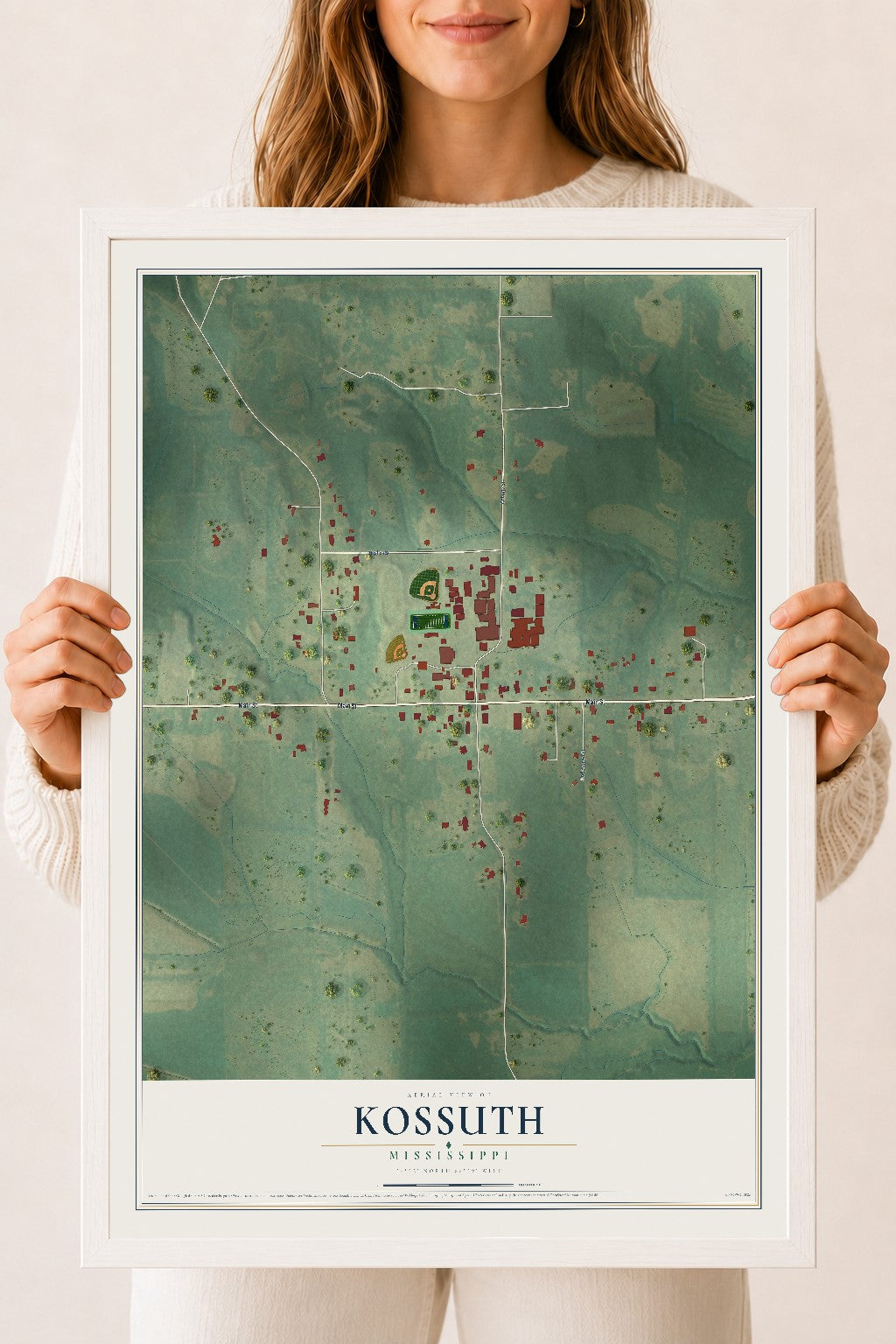 Map of Kossuth, Mississippi, 18 x 24 inch print in a white wood frame