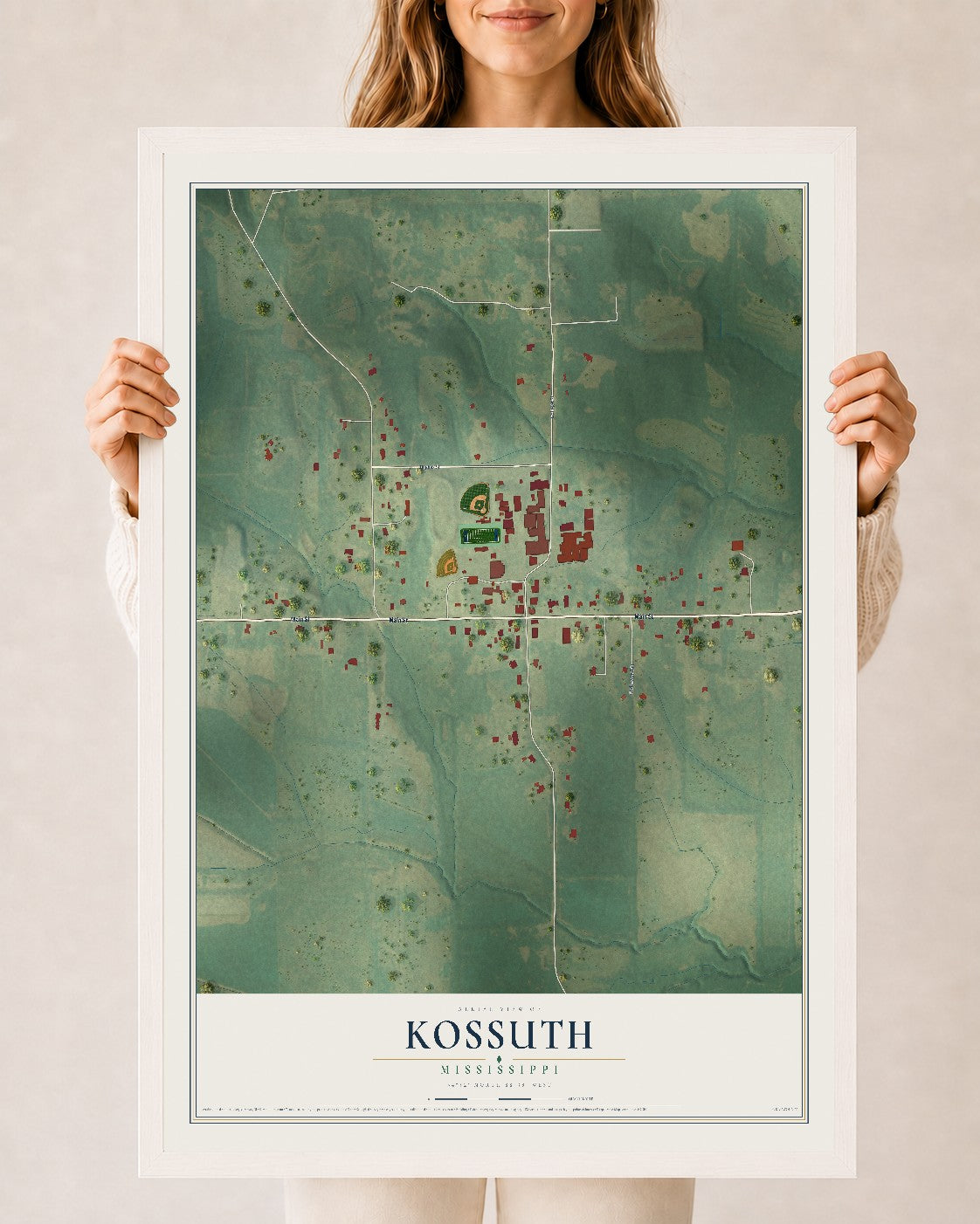 Map of Kossuth, Mississippi, 24 x 36 inch print in a white wood frame