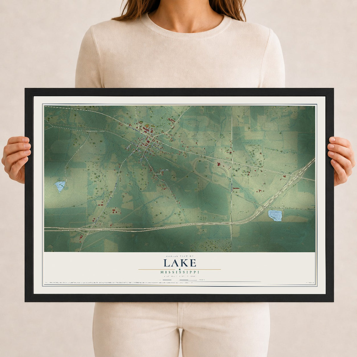 Map of Lake, Mississippi, 12 x 18 inch print in a black wood frame