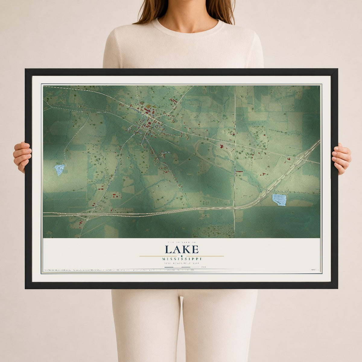 Map of Lake, Mississippi, 24 x 36 inch print in a black wood frame