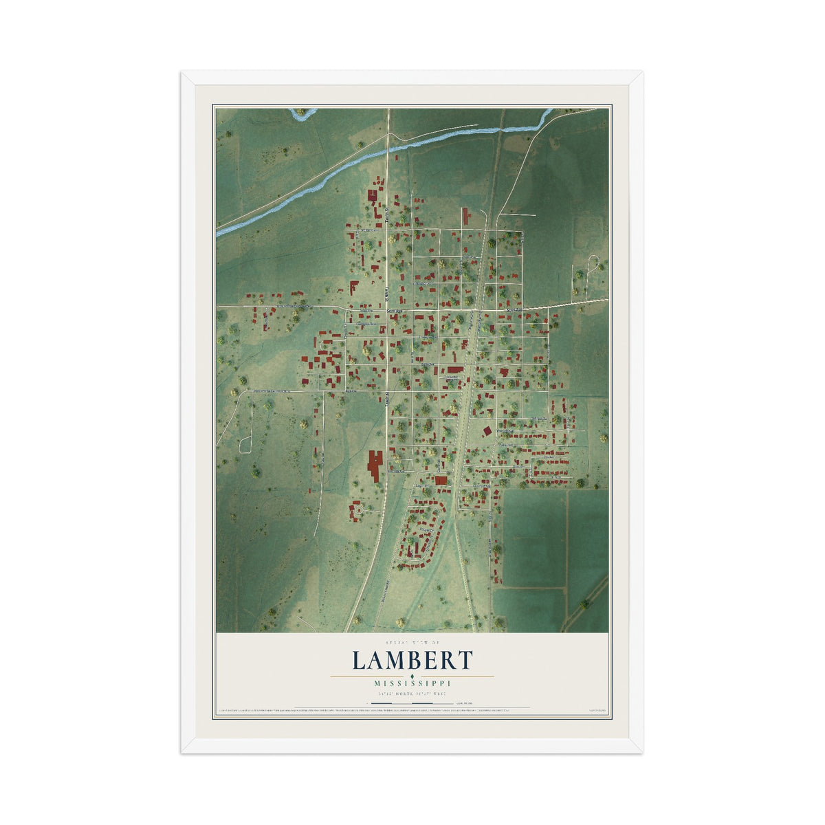 Map of Lambert, Mississippi, 12 x 18 inch print in a white wood frame