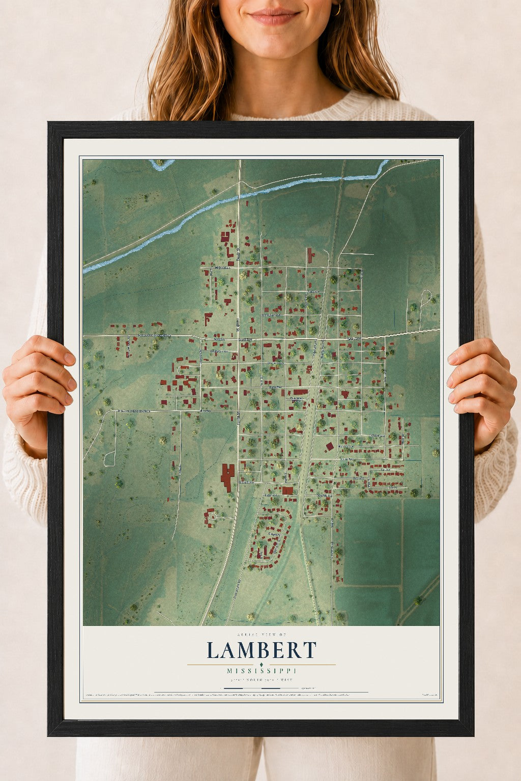 Map of Lambert, Mississippi, 18 x 24 inch print in a black wood frame