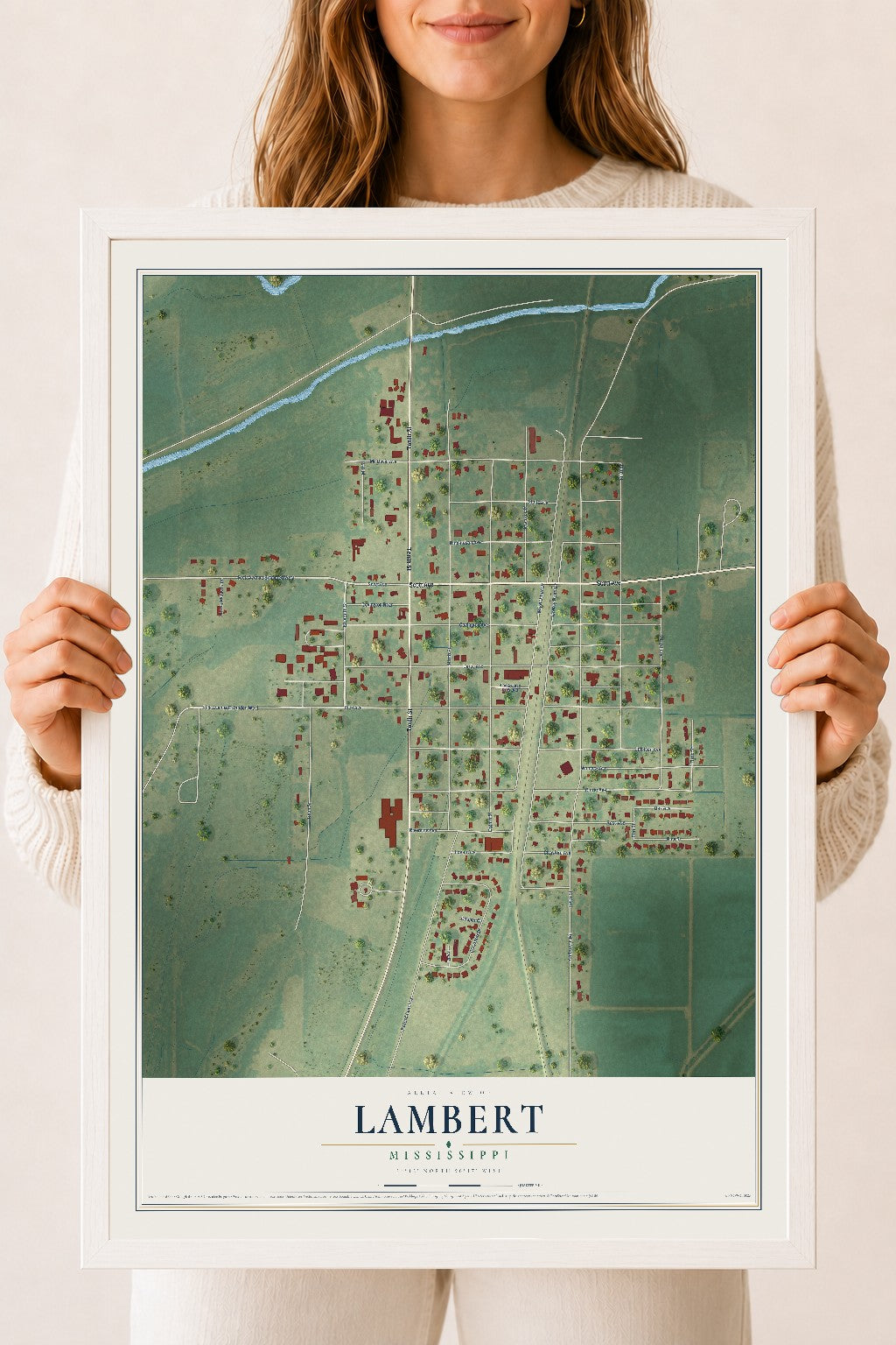 Map of Lambert, Mississippi, 18 x 24 inch print in a white wood frame