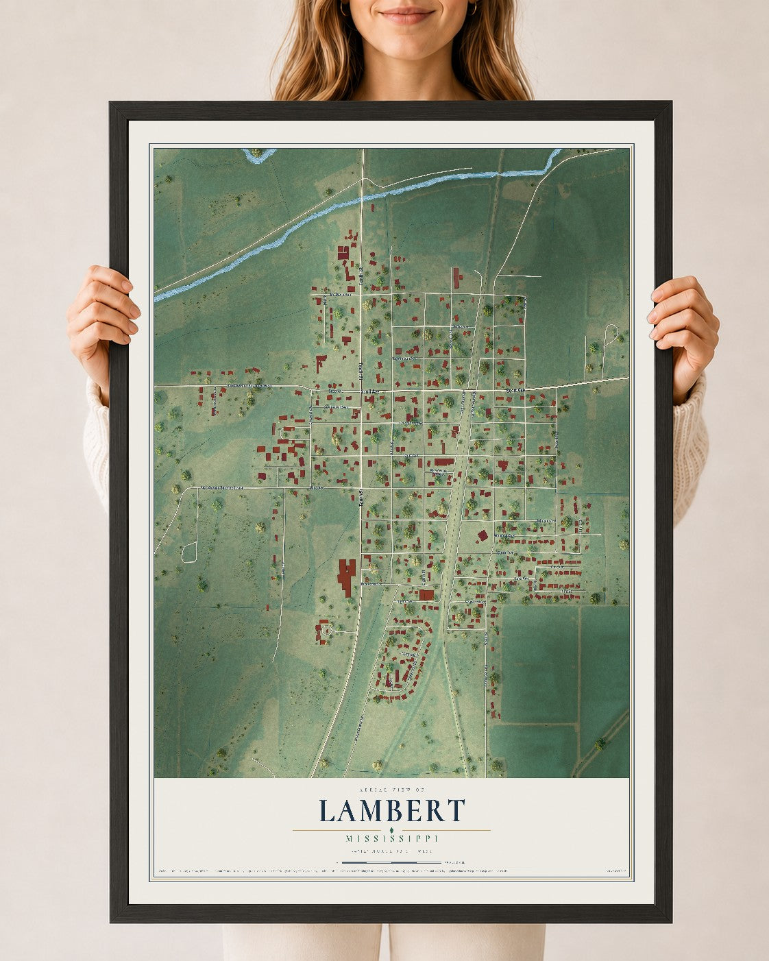 Map of Lambert, Mississippi, 24 x 36 inch print in a black wood frame