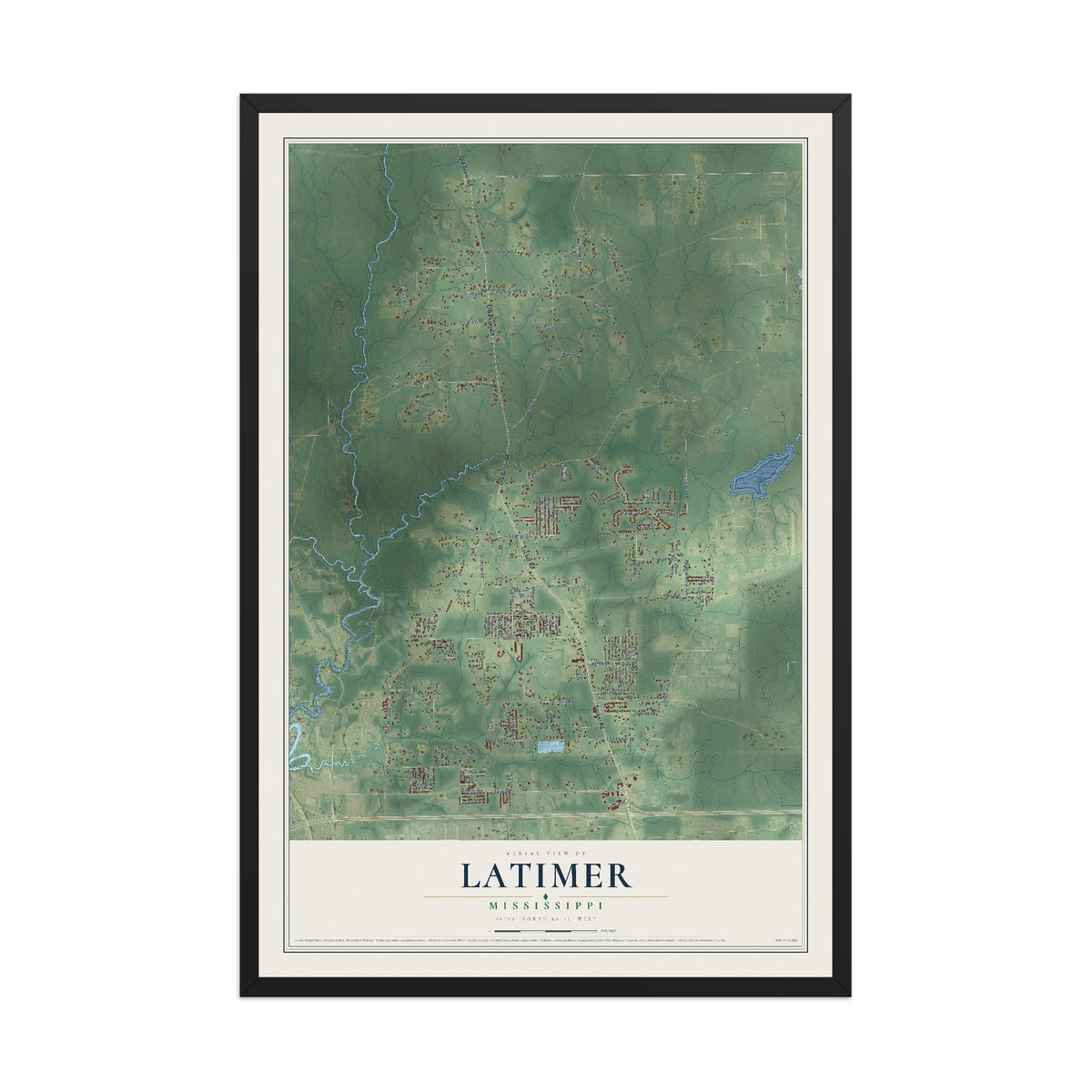 Map of Latimer, Mississippi, 12 x 18 inch print in a black wood frame
