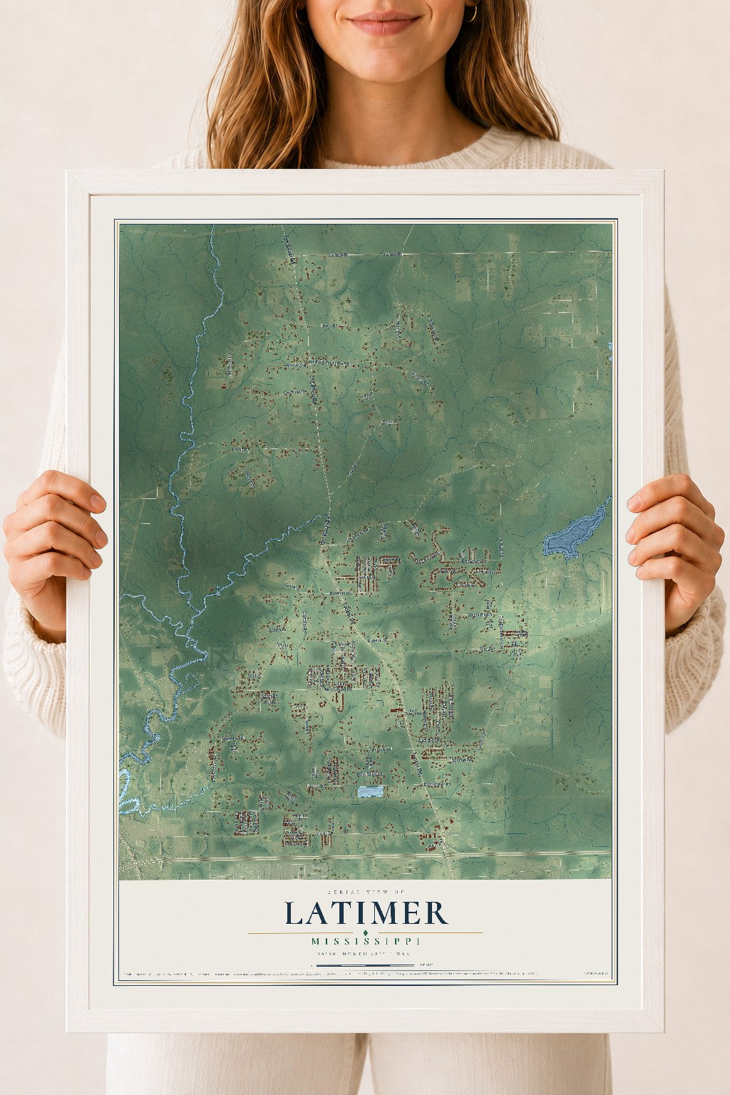 Map of Latimer, Mississippi, 18 x 24 inch print in a white wood frame